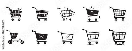 A versatile set of shopping cart icons depicting various states such as damaged, clean, empty, or removed, suitable for ecommerce websites and mobile application user interfaces.