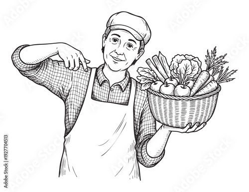 A friendly male farmer or greengrocer proudly presenting a wholesome basket filled with freshly harvested organic vegetables and fruits, perfect for promoting healthy eating and local farm