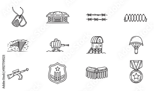 A comprehensive collection of military and warfare themed line icons including dog tags, bunkers, barbed wire, weapons, helmets, and medals, ideal for various defense and army related