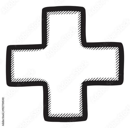 This graphic representation of a simple black and white plus sign with a handdrawn hatched outline is ideal for medical, health, or mathematical symbol needs, providing a clear and
