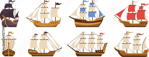 Detailed vector illustration set of vintage wooden sailing ships, historical galleons, and pirate vessels with sails for maritime nautical design.