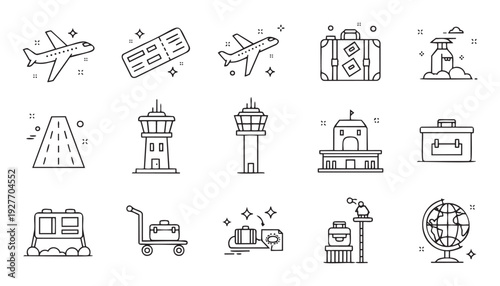 A comprehensive set of outline icons illustrating key aspects of air travel and airport operations, featuring planes, tickets, luggage, control towers, and world maps, suitable for digital