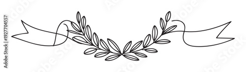 Minimalist black line drawing depicting a gracefully curving olive branch wreath intertwined with flowing ribbons, suitable for elegant branding, traditional logos, wedding invitations, or
