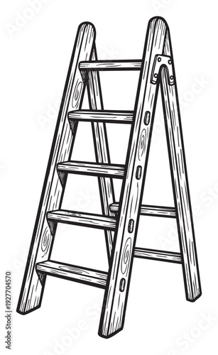 A sturdy wooden stepladder presented in a classic black line drawing style, perfect for home improvement, construction, or DIY projects and educational materials.