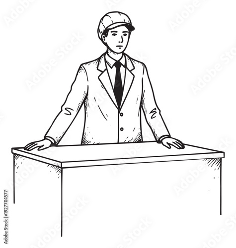 Young professional wearing a cap and suit stands behind a counter with a serious and attentive expression, suitable for various businessrelated advertisements and informative presentations.