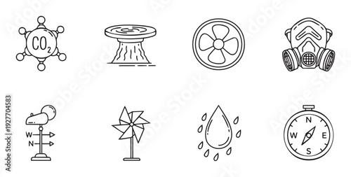 Outline icons for environment and climate, featuring CO2, factory smoke, fan, mask, wind vane, pinwheel, rain, compass, useful for science, education, ecological communication.