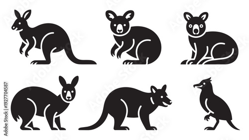 Set of Black Australian Animal Silhouettes: Kangaroo, Koala, Tasmanian Devil, and Kookaburra Icons on White Background