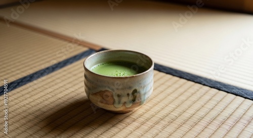 Traditional Japanese Tea Ceremony Cup on Tatami.