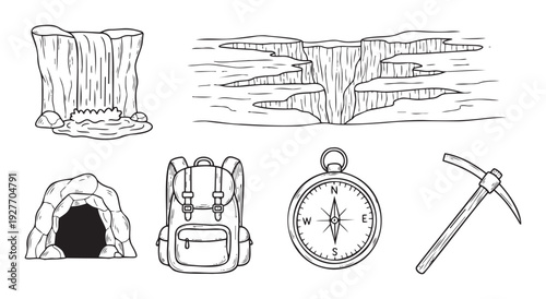 Explore outdoor adventure and wilderness with essential items like a waterfall, canyon, cave, backpack, compass, and pickaxe for travel, camping, or geology related content.