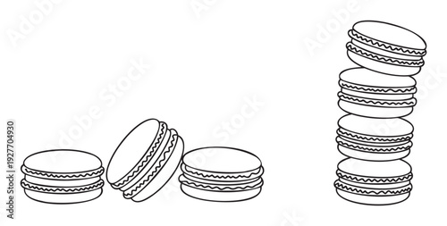 Delightful black and white outline drawing of sweet French macarons in various arrangements perfect for pastry shop graphics cooking book pages or educational materials