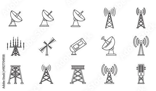 A collection of communication icons including various satellite dishes and radio towers providing essential symbols for telecommunication network, broadcast, and technologyrelated projects