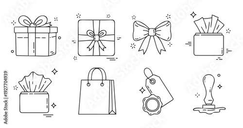Collection of line icons featuring gift boxes, bows, shopping bag, price tag, and wax seal, perfect for ecommerce, holiday promotions, and event branding