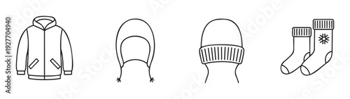 Essential winter clothing collection featuring a practical jacket, warm earflap hat, cozy beanie, and decorative socks, perfect for seasonal fashion graphics, outdoor apparel themes, or