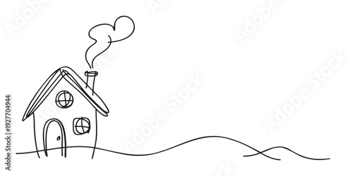 A heartwarming simple line drawing of a cozy house with heart shaped smoke coming from its chimney, ideal for childrens books, greeting cards, or family themed promotions.