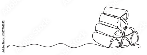 Elegant continuous line drawing depicting a wavy line transforming into a stacked group of cylindrical shapes, suitable for minimalist graphic backgrounds, web banners, and modern print