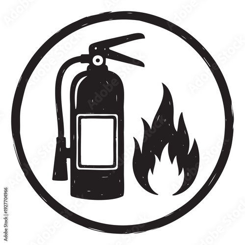 Essential fire safety equipment icon featuring a portable fire extinguisher next to a burning flame, ideal for hazard warnings, emergency guides, and informational signage for public and