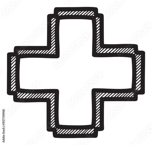 A striking black and white cross symbol with distinct striped borders is ideal for medical, health, or first aid related branding, logos, icons, and informational graphics.