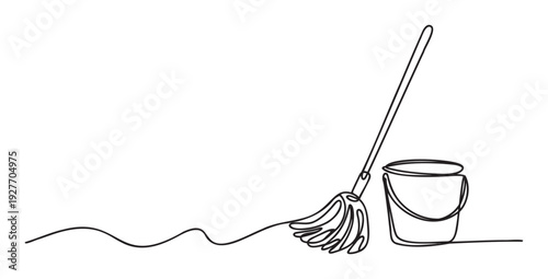 Simple continuous line drawing of a household mop and bucket for home cleaning services, domestic chores, and hygiene related promotions