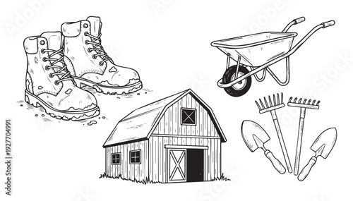 Collection of essential farm and garden equipment including work boots, a wheelbarrow, a rustic barn, and various digging tools, perfect for agricultural themed projects and country life