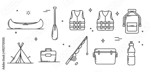 Essential outdoor and camping equipment line icons for adventure travel, nature exploration, and recreational activities perfect for websites, applications, and promotional materials