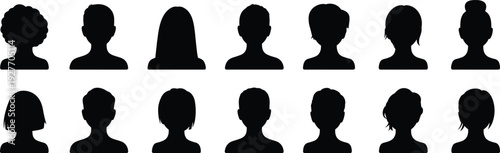 Diverse collection of human profile avatar silhouettes featuring various hairstyles and head shapes for social media icons, team pages, and user interfaces.