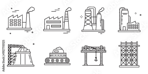 Collection of outline icons representing various industrial buildings and construction facilities such as factories, power plants, cooling towers, and cranes suitable for engineering and