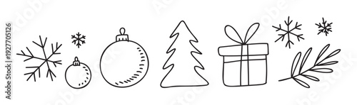 Festive hand drawn holiday collection with winter snowflakes, decorative Christmas ornaments, a classic tree, a wrapped present, and a natural branch suitable for seasonal graphic projects,