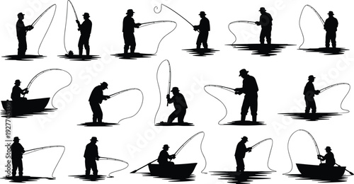Fishing silhouette vector collection, fishermen in boats and wading in water with rods, flavector outdoor hobby sport activity lifestyle set.