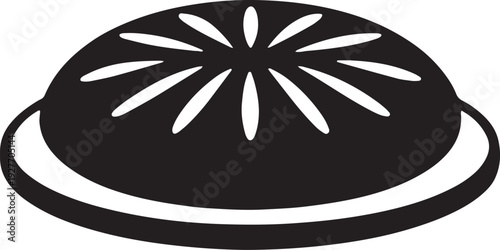 Black silhouette of pie or tart in round dish with decorative top on transparent background