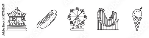 Amusement park theme park icons featuring a carousel, hot dog, Ferris wheel, roller coaster, and ice cream cone perfect for event promotions and entertainment branding