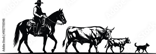 Cowboy riding horse herding cattle bull and calf with farm dog silhouette vector collection, flavector western ranch animal livestock set.