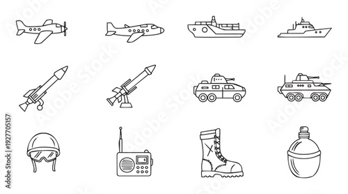 Collection of modern military transportation, weapon systems, and soldier equipment line icons suitable for educational materials, mobile applications, and defense industry presentations.