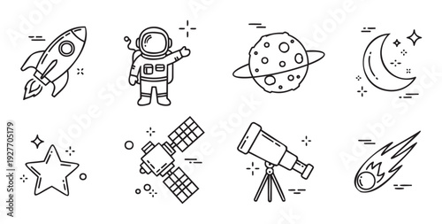 Graphic collection of bold line art space exploration icons featuring rockets, astronauts, planets, moons, stars, satellites, and telescopes, great for educational resources and cosmic
