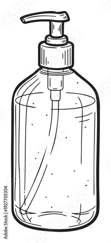 Classic hand drawn sketch of a pump dispenser bottle filled with liquid soap, perfect for health, hygiene, and personal care product packaging or informational graphics.