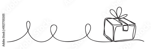 Minimalist continuous line drawing of a gift box with a bow, perfect for ecommerce promotions, holiday advertising, or conceptual shipping and delivery services