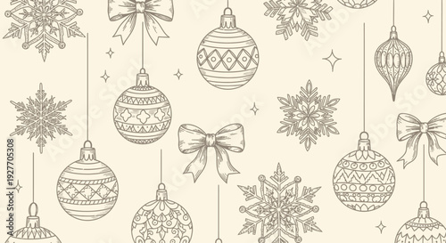Festive Christmas Ornaments and Snowflakes Seamless Pattern on Beige Background