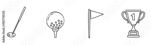 Golf game essential equipment outline icons featuring a putter, a ball on a tee, a course flag, and a first place winners trophy, excellent for sports applications and championship