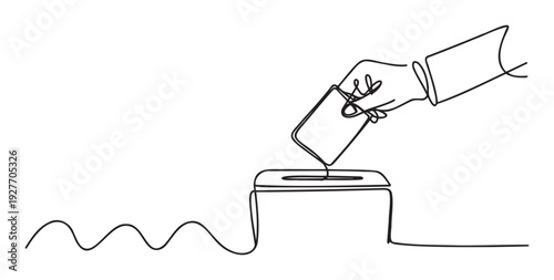 Continuous line drawing of a hand placing a vote into a ballot box, symbolizing democratic participation and the electoral process for political campaigns and civic education materials