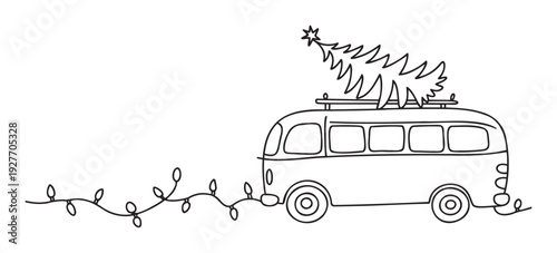 Simple line drawing of a vintage style van transporting a Christmas tree on its roof rack with a whimsical string of festive lights, ideal for holiday greetings and seasonal travel