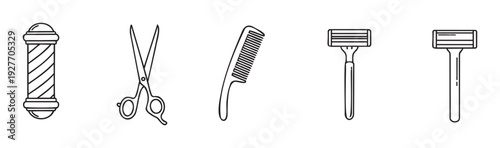 Collection of essential barbershop and grooming tool outline icons including a barber pole, scissors, a hair comb, and two types of razors, suitable for service promotions and user