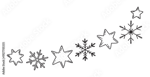 Hand drawn doodle stars and snowflakes arranged in a festive curved line creating a cheerful winter border for holiday marketing, seasonal greetings, and creative projects