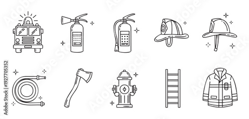 Comprehensive collection of essential firefighting equipment and gear represented by simple line icons perfect for safety presentations, educational materials, and emergency service