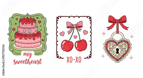 Cute Valentines Day Icons: Cake, Cherries with Bow, and Heart Lock with Bow