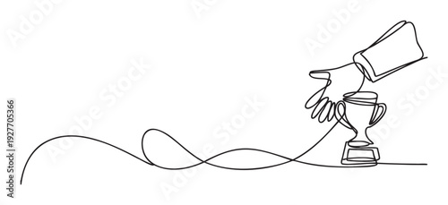 A dynamic continuous line drawing depicting a victorious hand reaching for a championship trophy, symbolizing success and achievement, perfect for sports event promotions, award ceremony