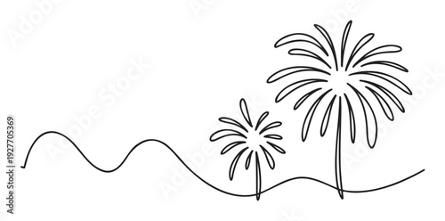 Minimalist continuous line drawing depicting two tropical palm trees on a wavy landscape, ideal for travel and vacation promotions or naturethemed graphic projects.