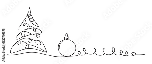 Minimalist single line drawing featuring a stylized Christmas tree and a festive ornament connected by a continuous flowing line, perfect for holiday greetings and seasonal promotions.