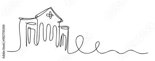 Minimalist continuous single line drawing forming a stylized house transforming into an abstract wavy path, perfect for conceptual presentations or architectural visualizations