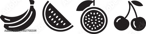 Collection of fruit icons banana watermelon passion fruit and cherries for healthy eating