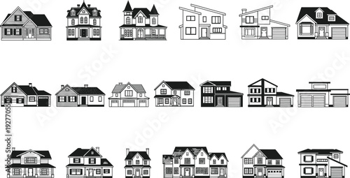 Large collection of black and white house icons featuring various architectural styles from modern suburban homes to traditional classic cottages.