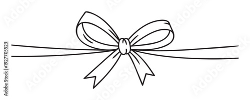 Elegant black line illustration featuring a symmetrically tied bow secured on a straight horizontal ribbon, perfect for enhancing gift boxes, greeting cards, or special occasion